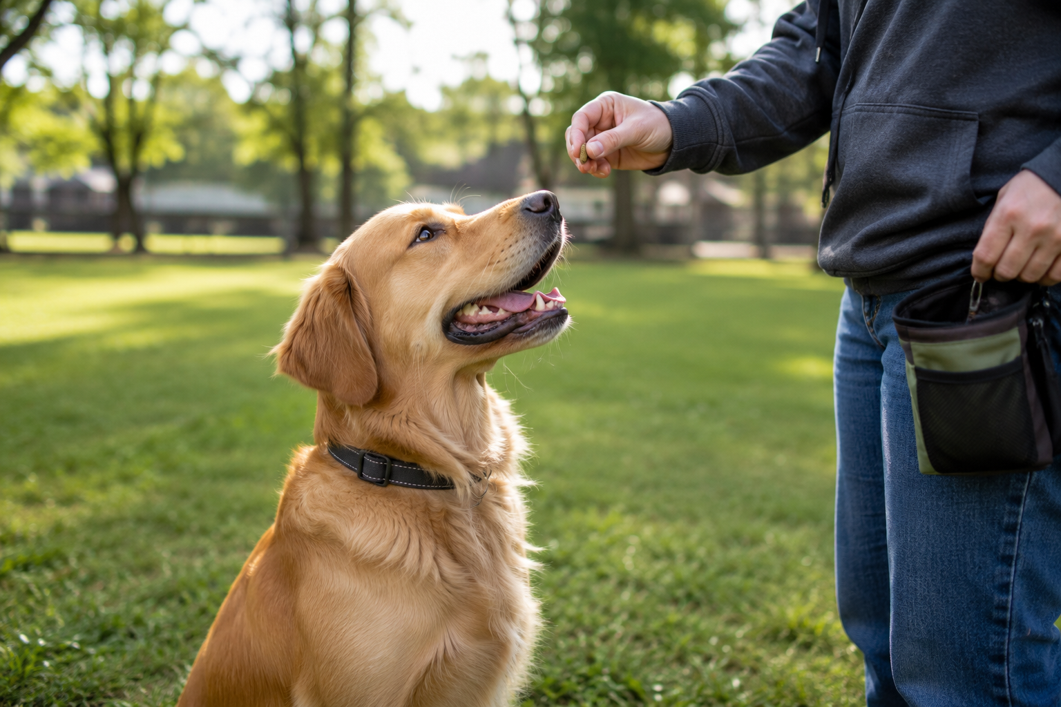 Happy dog receiving a training treat outdoors during behavioral dog training session