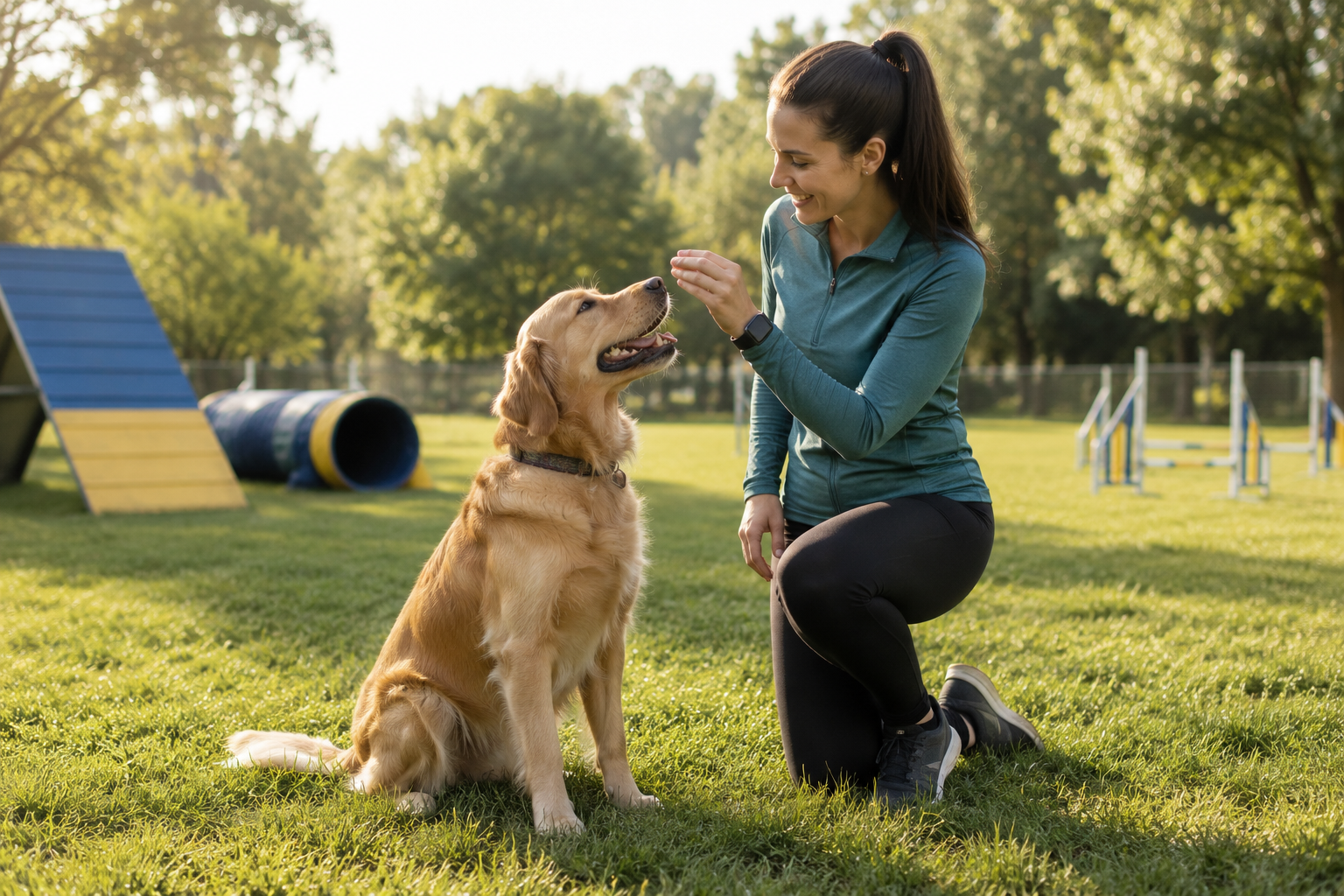 Dog owner working with a calm and attentive dog during a behavior-focused training session