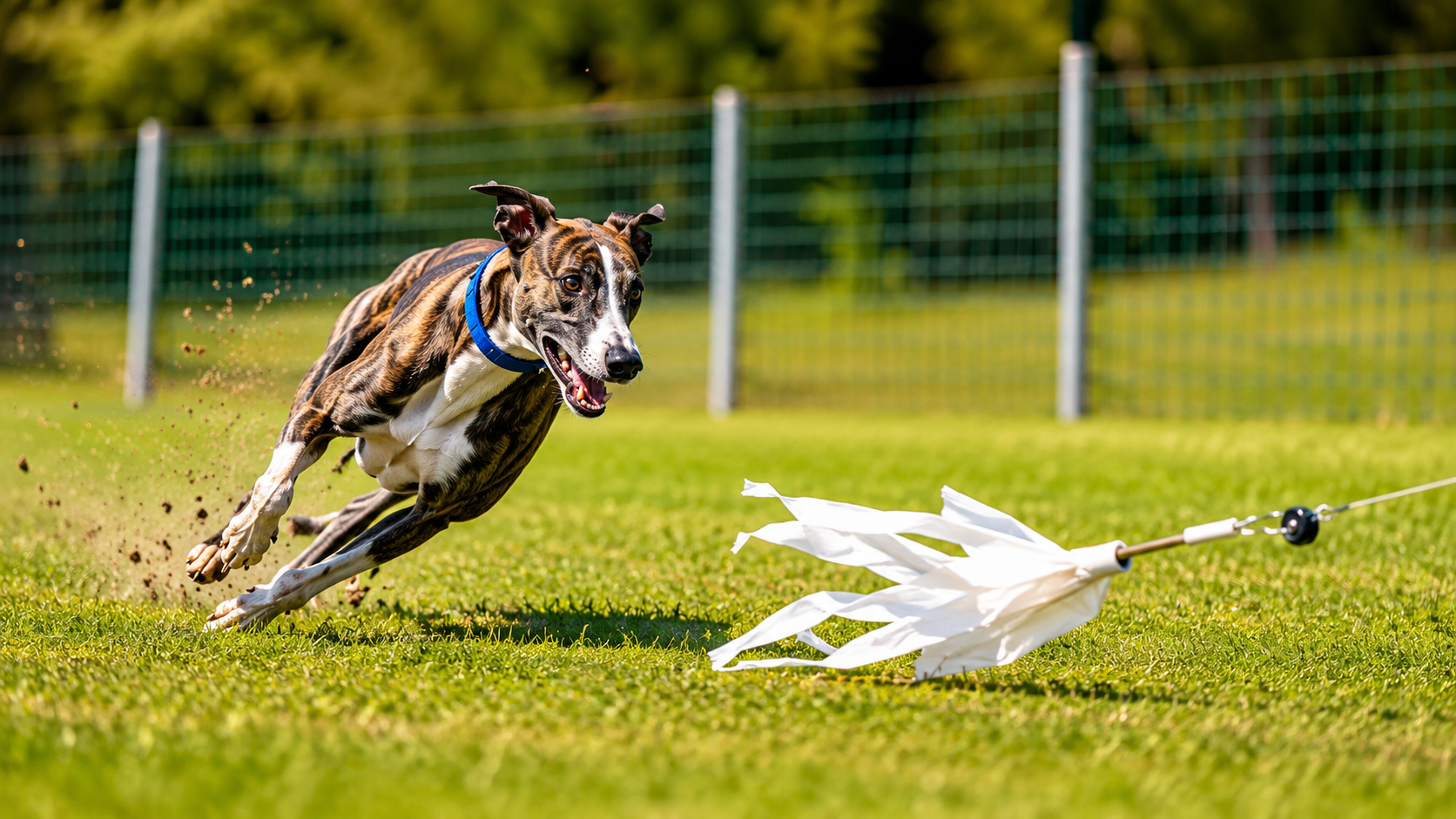 Dog chasing a fast-moving lure during a lure coursing event on a grassy field.