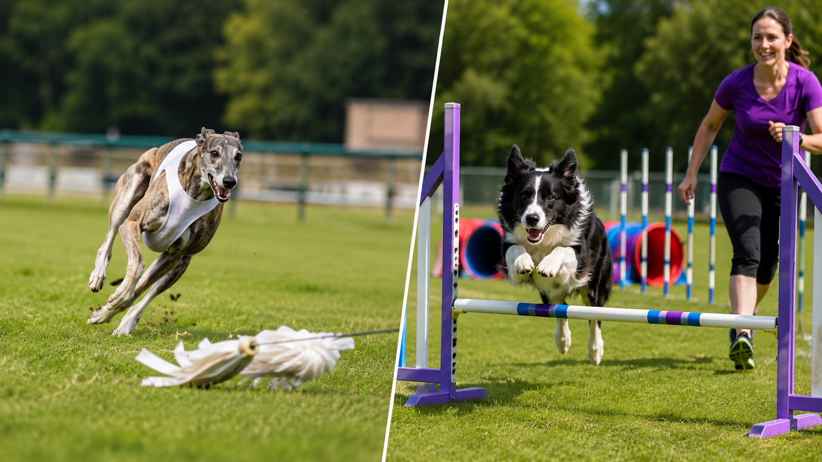 Border Collie navigating an agility obstacle while a Greyhound sprints after a lure on a professional lure coursing field.